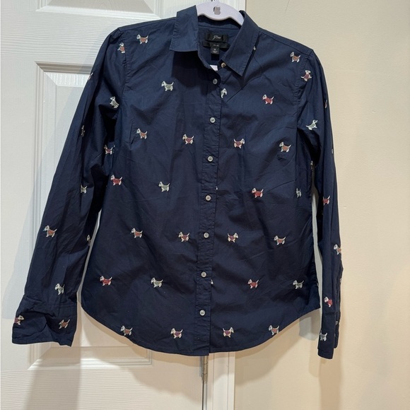 J Crew AF385 slim fit  Woman's 8
Navy Perfect Shirt w/Embroidered
Scottie Dogs - Picture 7 of 15